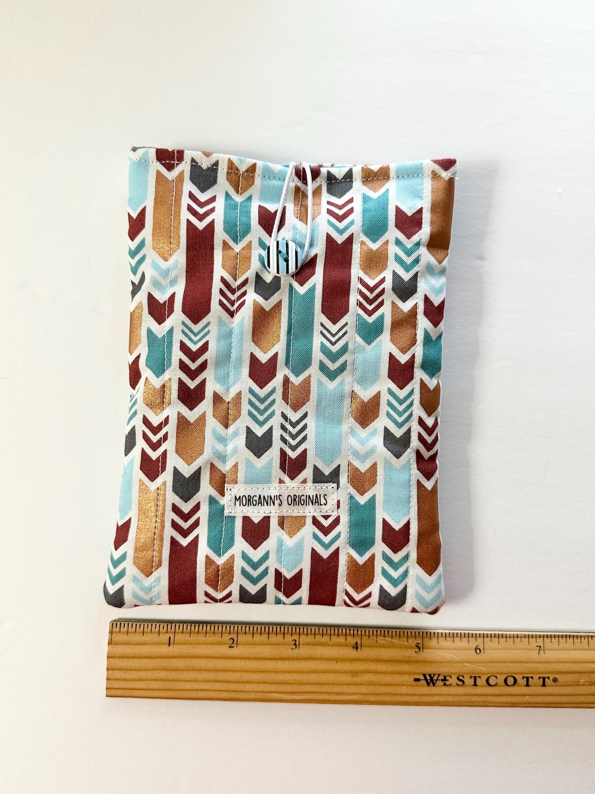 Mini Book Sleeve 5x7 Quilted Travel Pouch – Boho Tribal Teal Gray Gold Brown Organizer – Elastic Button Closure Small Cosmetic Bag