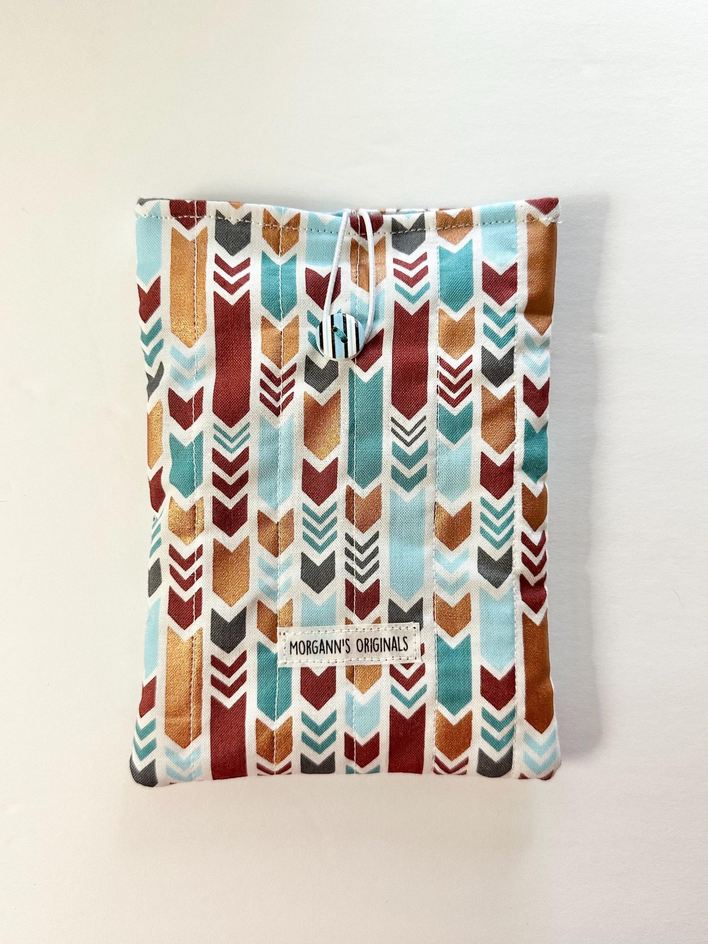 Mini Book Sleeve 5x7 Quilted Travel Pouch – Boho Tribal Teal Gray Gold Brown Organizer – Elastic Button Closure Small Cosmetic Bag