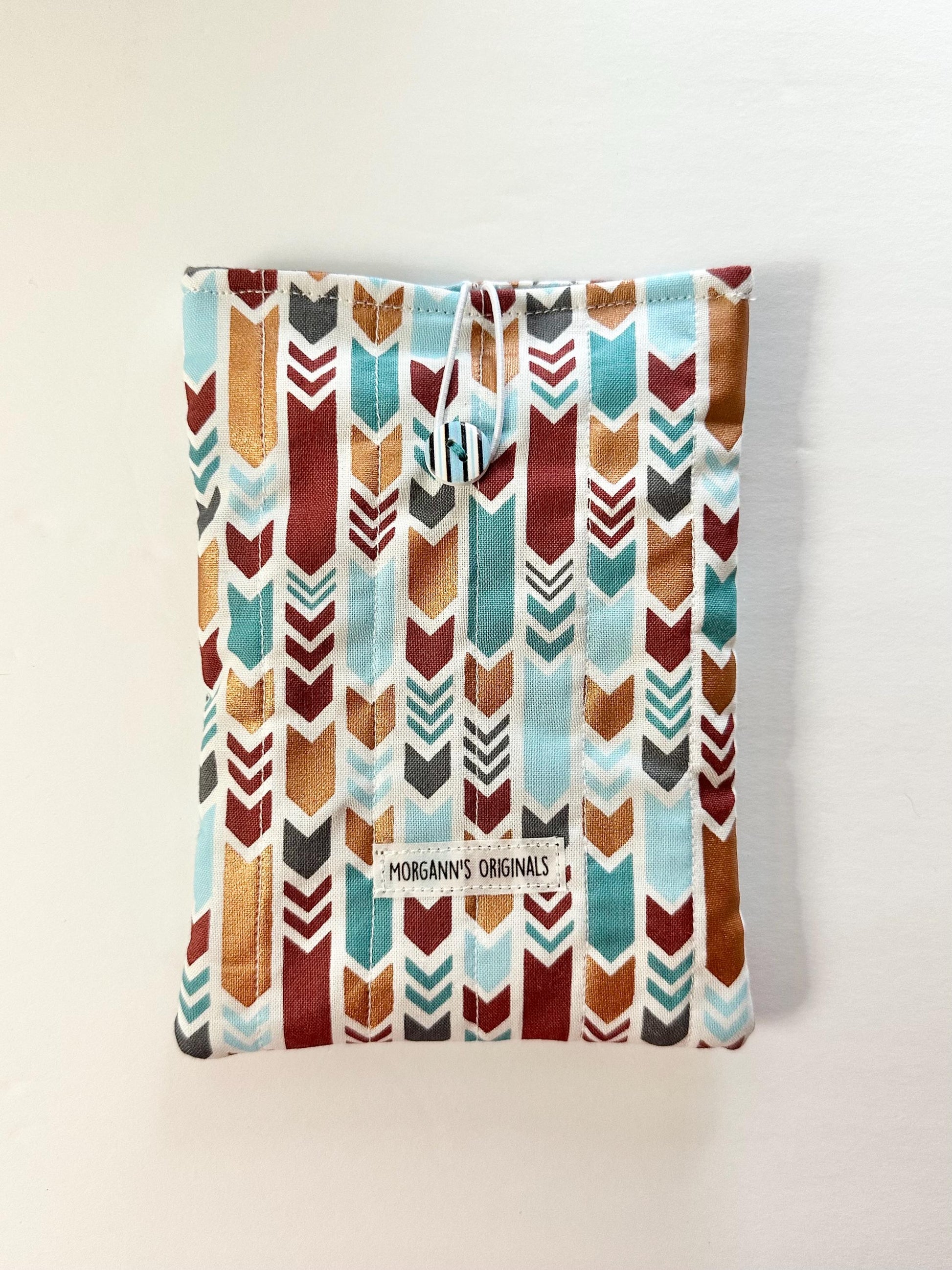 Mini Book Sleeve 5x7 Quilted Travel Pouch – Boho Tribal Teal Gray Gold Brown Organizer – Elastic Button Closure Small Cosmetic Bag