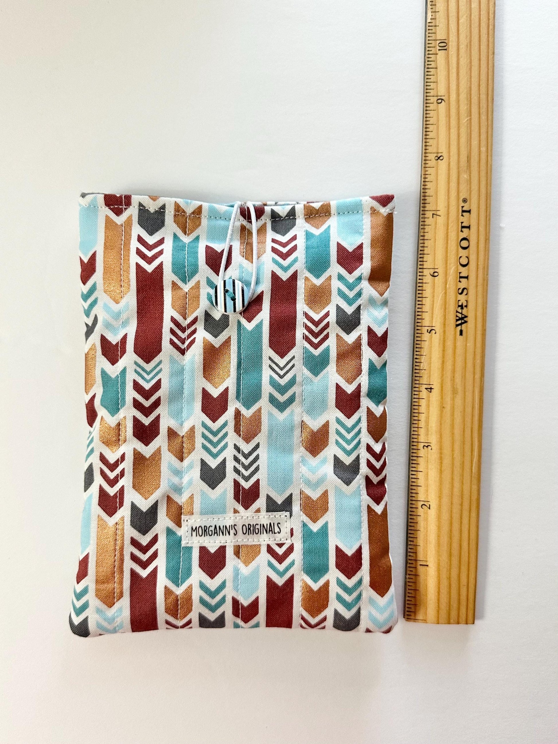 Mini Book Sleeve 5x7 Quilted Travel Pouch – Boho Tribal Teal Gray Gold Brown Organizer – Elastic Button Closure Small Cosmetic Bag