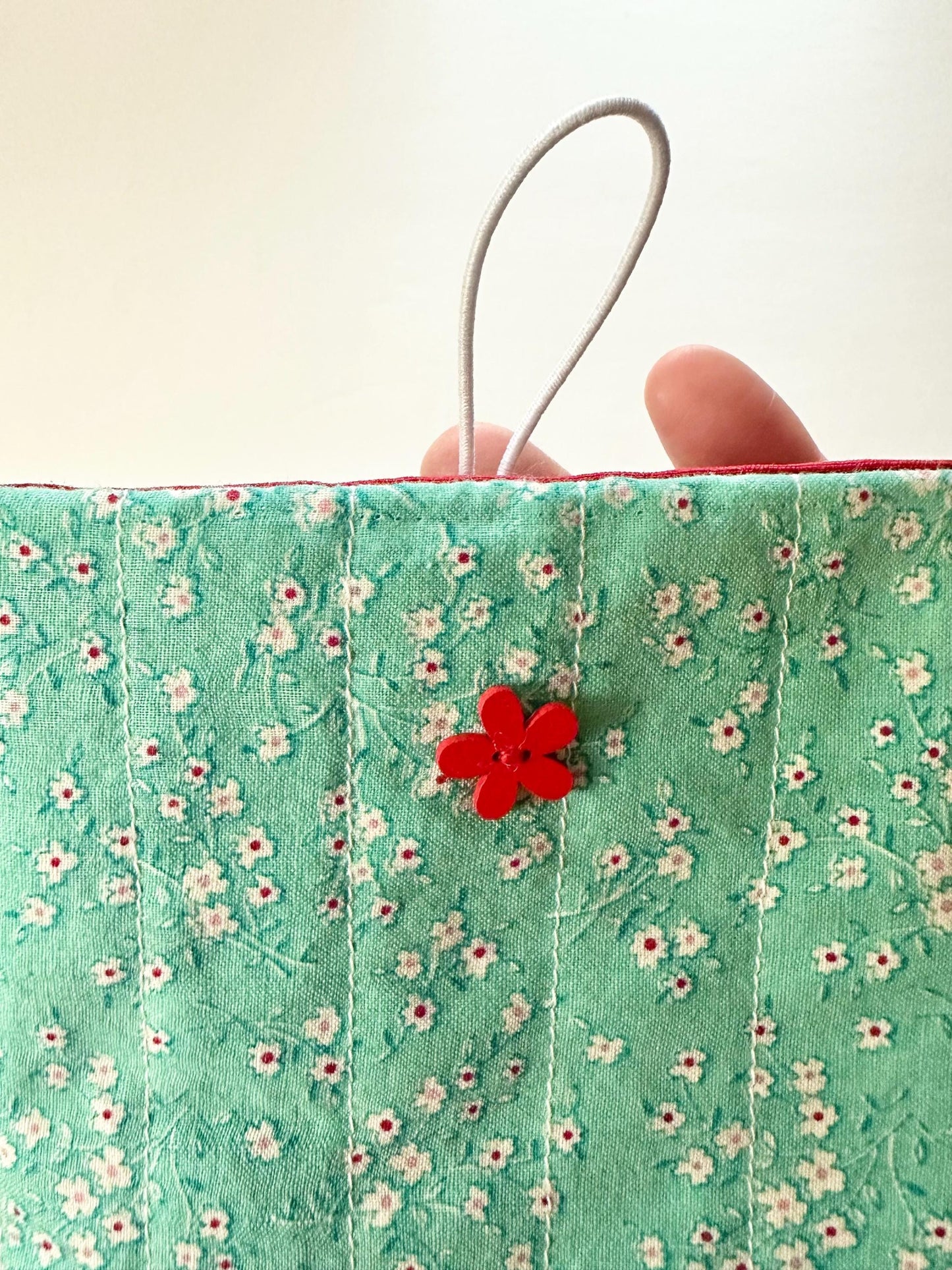 Teal Floral Mini Book Sleeve 5x7 – Quilted Spring Travel Pouch with Red Button Closure, Small Journal Cover, Devotional Case, Handmade Gift