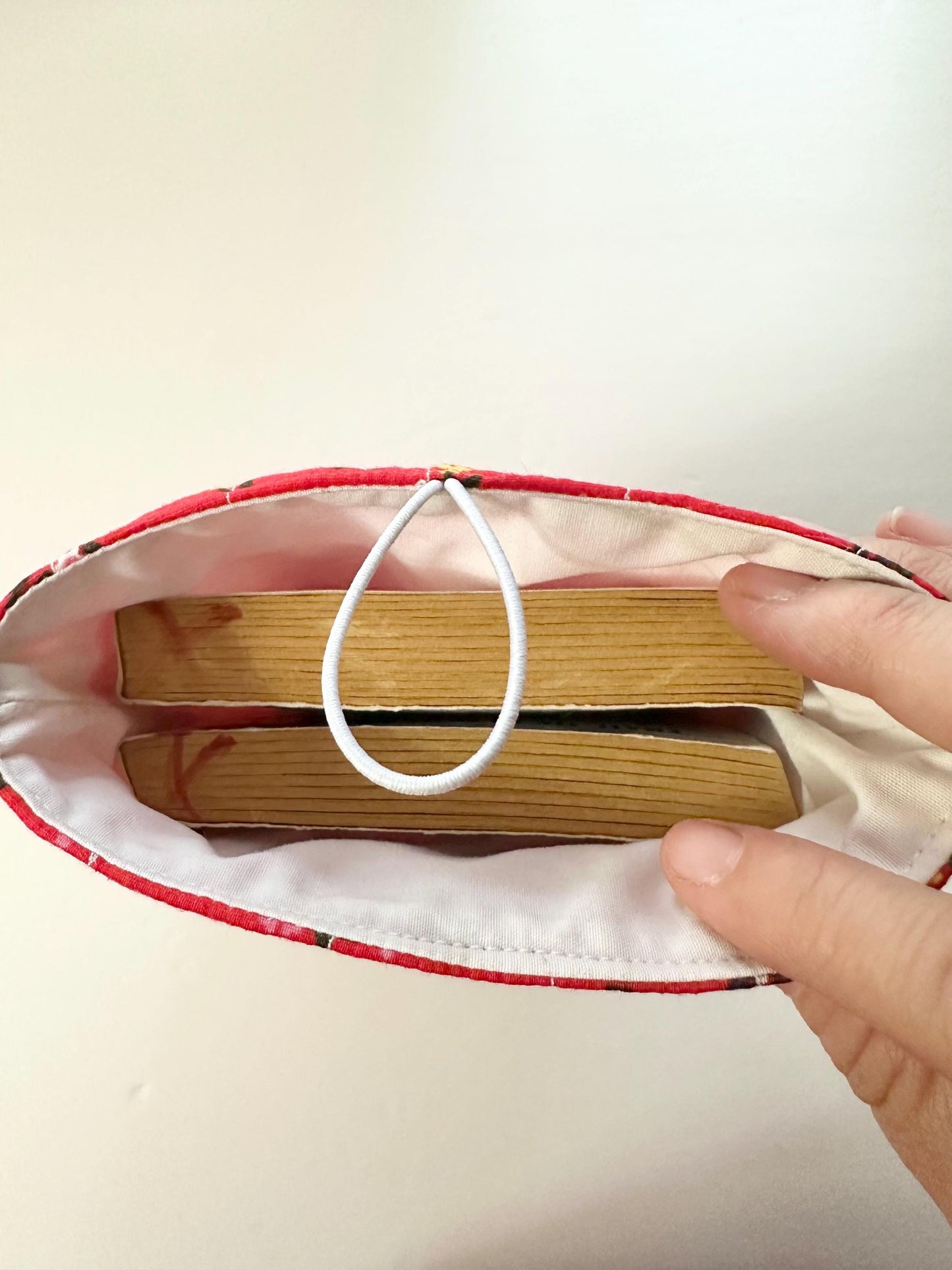 6x9 Handmade Floral Book Sleeve – Quilted Pouch, Reddish Orange, Green With Polkadots Button Elastic Closure, Journal or Devotional Case