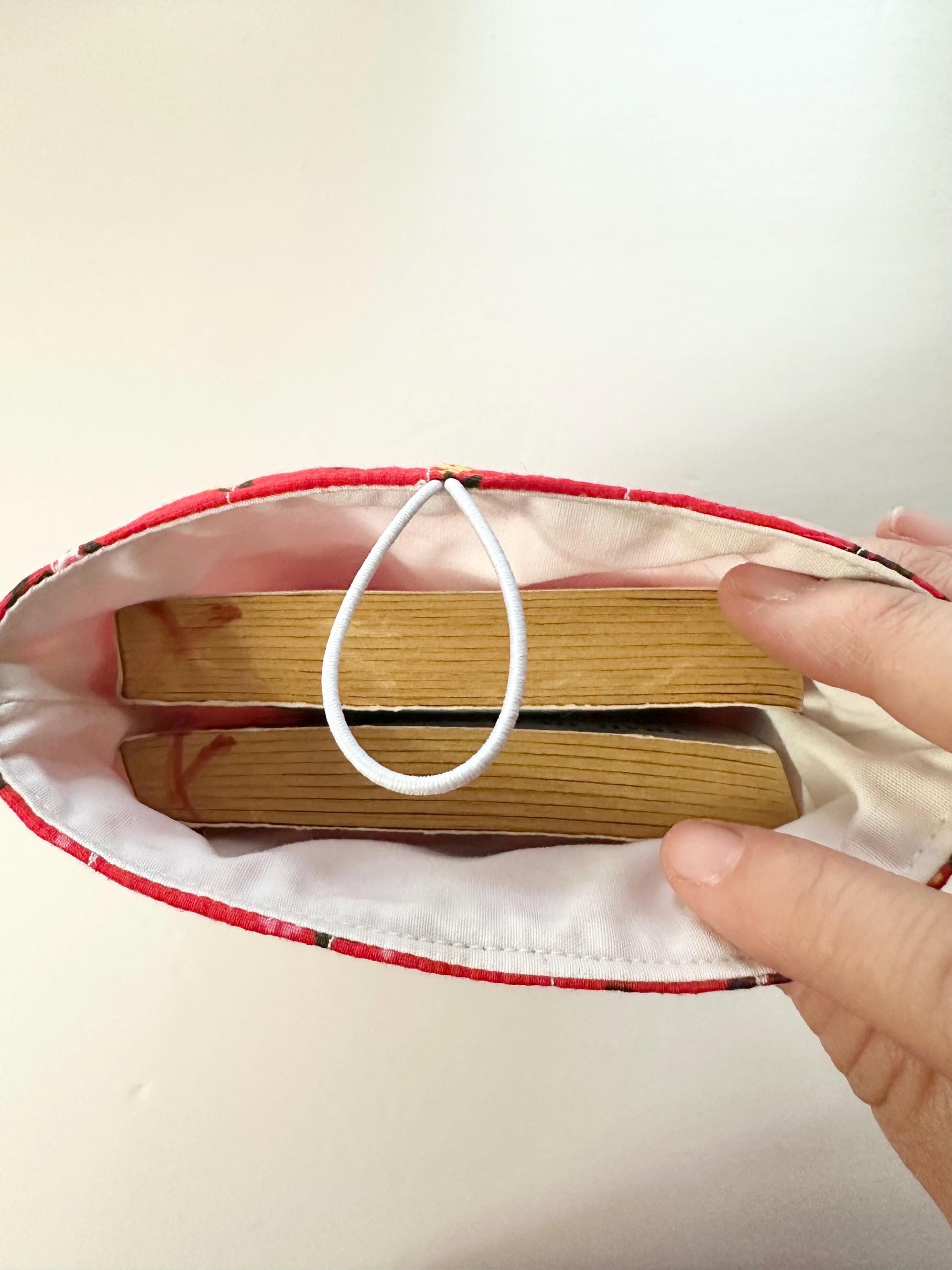 6x9 Handmade Floral Book Sleeve – Quilted Pouch, Reddish Orange, Green With Polkadots Button Elastic Closure, Journal or Devotional Case