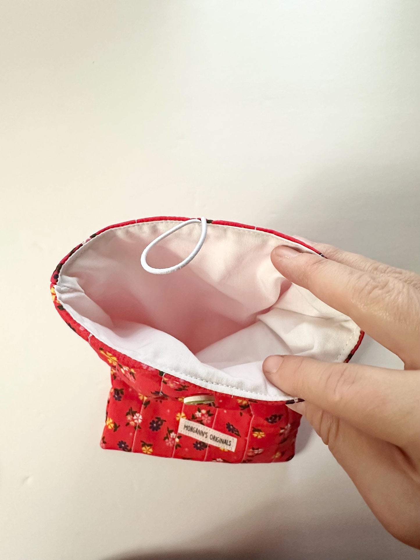 6x9 Handmade Floral Book Sleeve – Quilted Pouch, Reddish Orange, Green With Polkadots Button Elastic Closure, Journal or Devotional Case