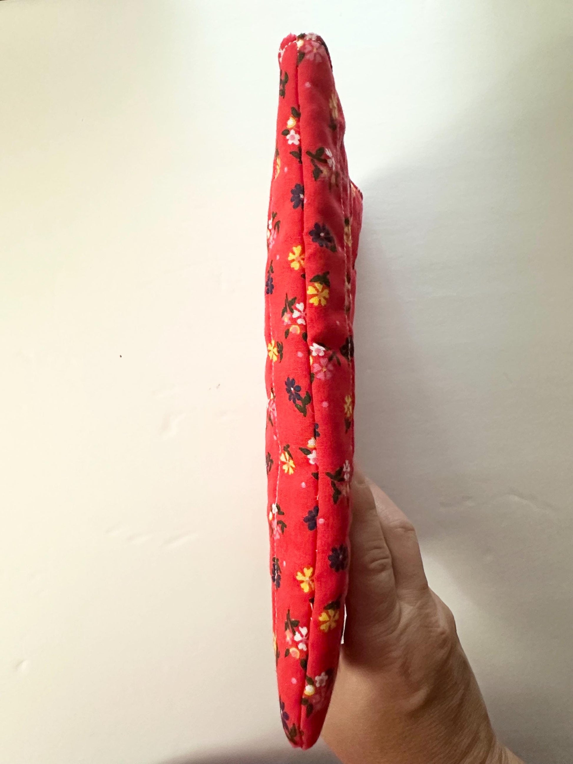 6x9 Handmade Floral Book Sleeve – Quilted Pouch, Reddish Orange, Green With Polkadots Button Elastic Closure, Journal or Devotional Case