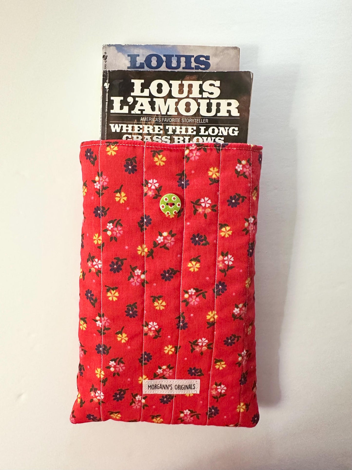 6x9 Handmade Floral Book Sleeve – Quilted Pouch, Reddish Orange, Green With Polkadots Button Elastic Closure, Journal or Devotional Case