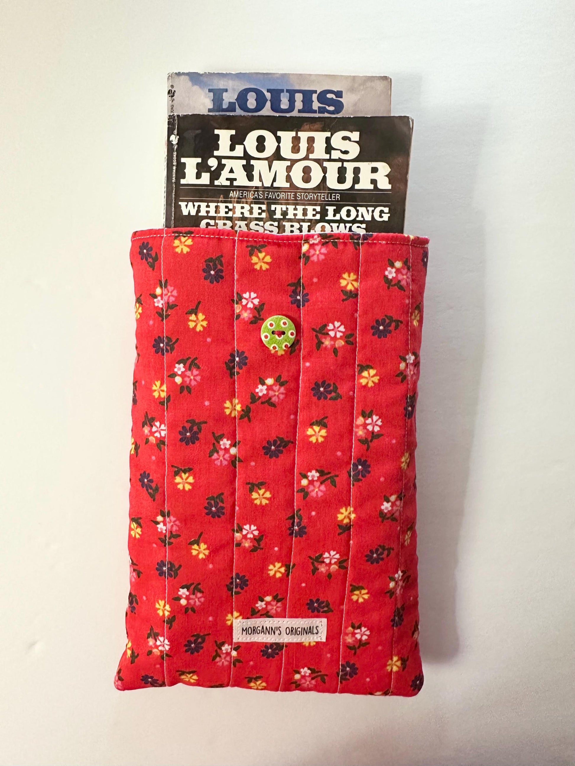 6x9 Handmade Floral Book Sleeve – Quilted Pouch, Reddish Orange, Green With Polkadots Button Elastic Closure, Journal or Devotional Case