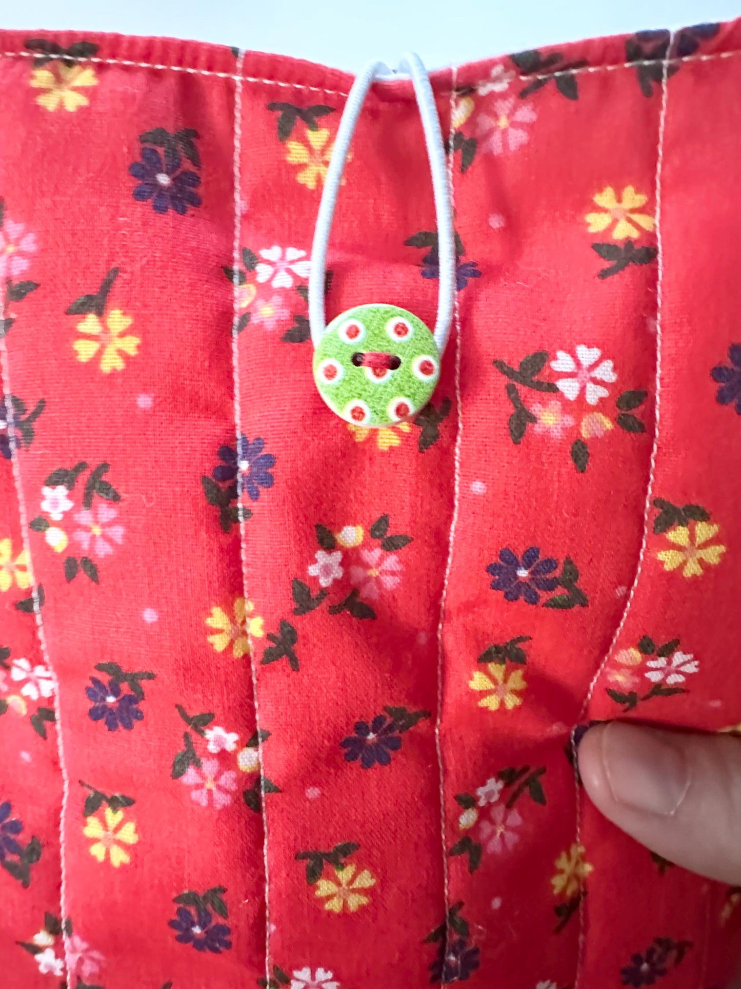 6x9 Handmade Floral Book Sleeve – Quilted Pouch, Reddish Orange, Green With Polkadots Button Elastic Closure, Journal or Devotional Case