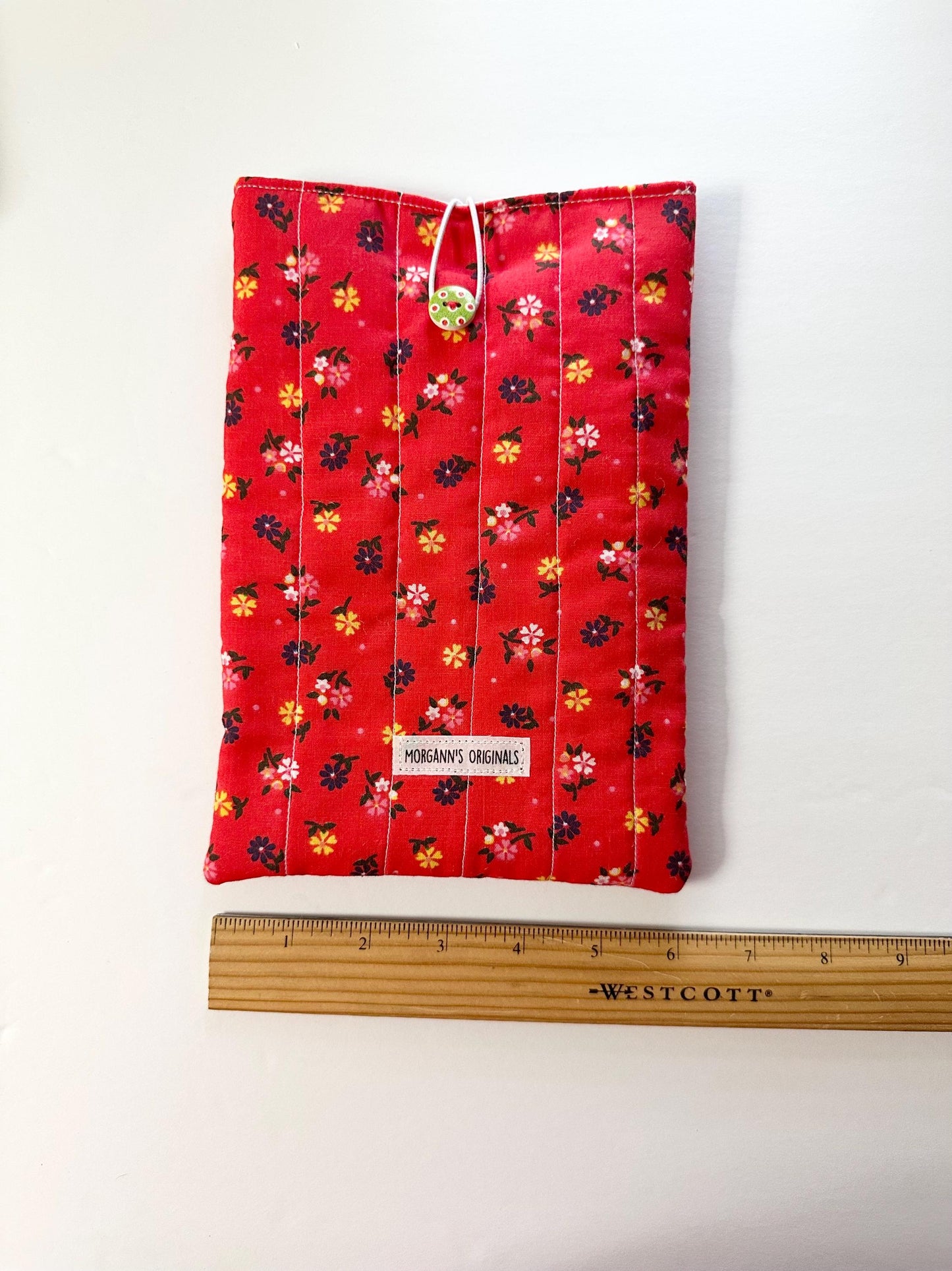 6x9 Handmade Floral Book Sleeve – Quilted Pouch, Reddish Orange, Green With Polkadots Button Elastic Closure, Journal or Devotional Case