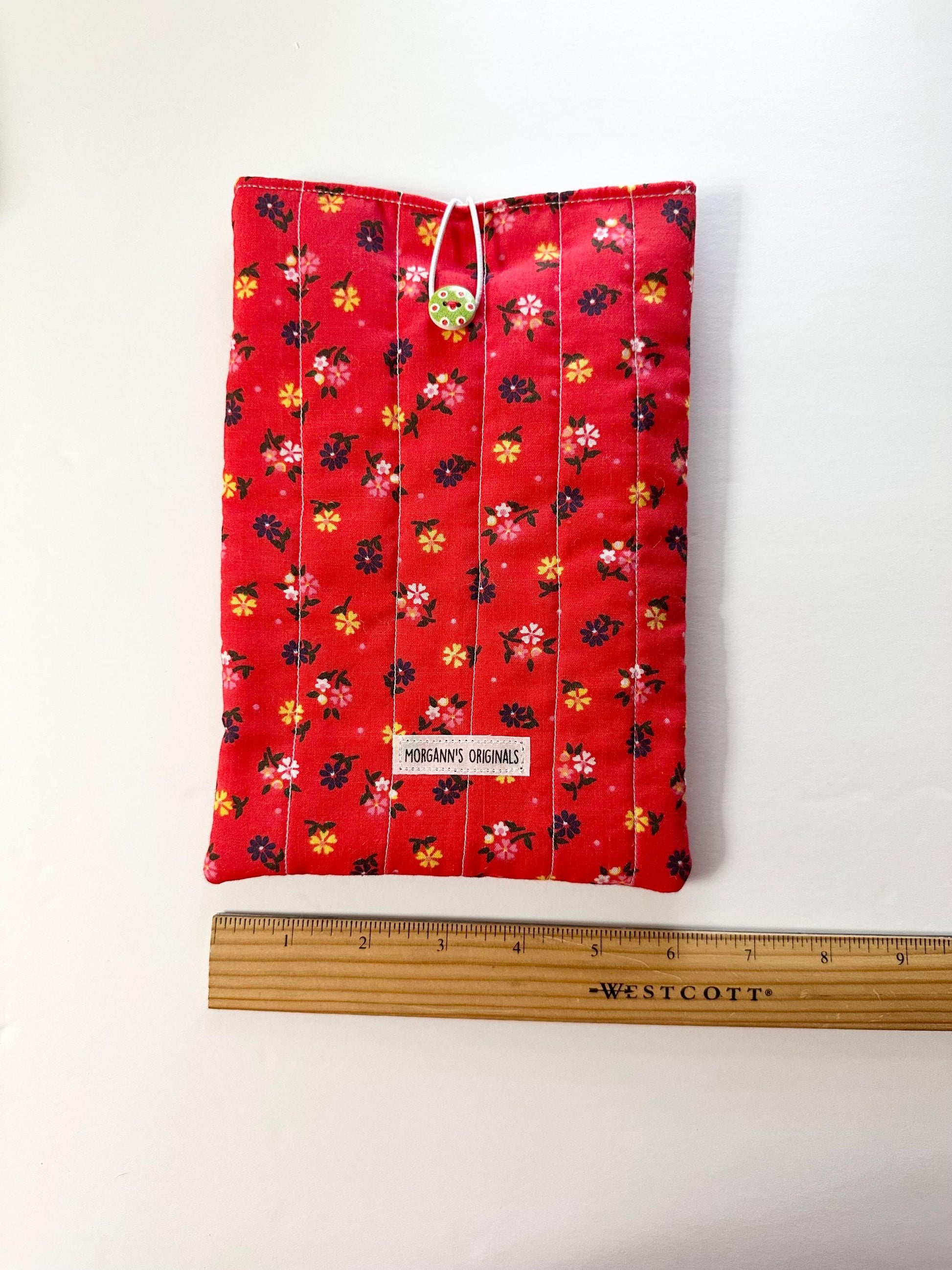 6x9 Handmade Floral Book Sleeve – Quilted Pouch, Reddish Orange, Green With Polkadots Button Elastic Closure, Journal or Devotional Case