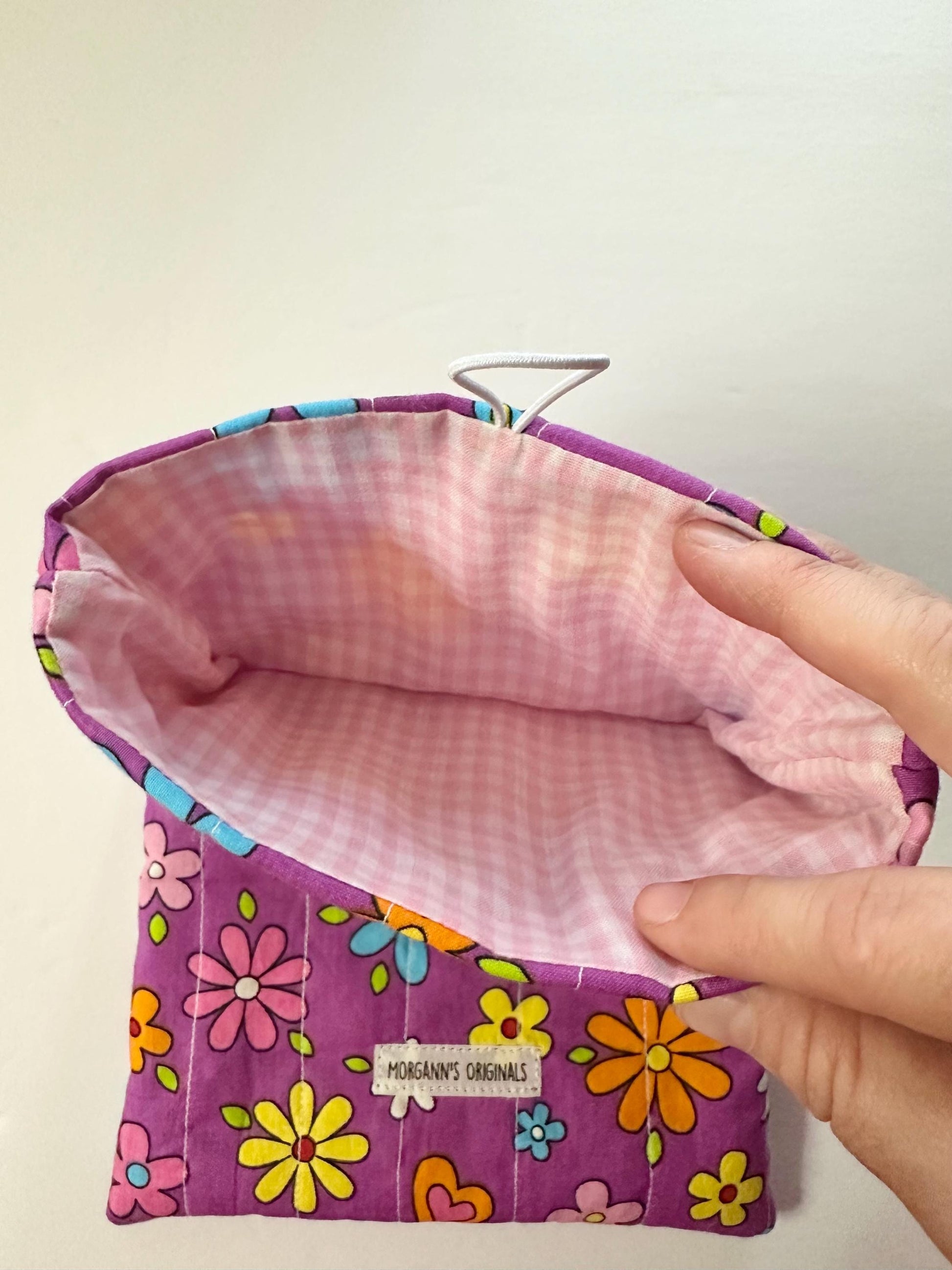 Retro Purple Floral and Hearts Book Sleeve 6x9 Quilted Mini Pouch Travel Organizer Journal Case Devotional Holder Handmade Gift