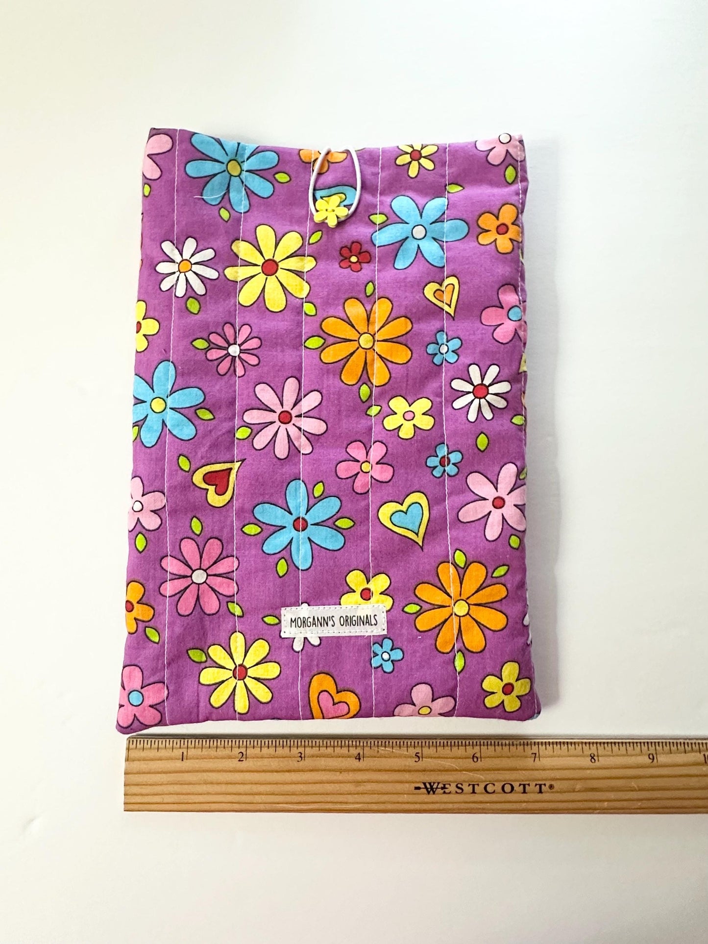 Retro Purple Floral and Hearts Book Sleeve 6x9 Quilted Mini Pouch Travel Organizer Journal Case Devotional Holder Handmade Gift