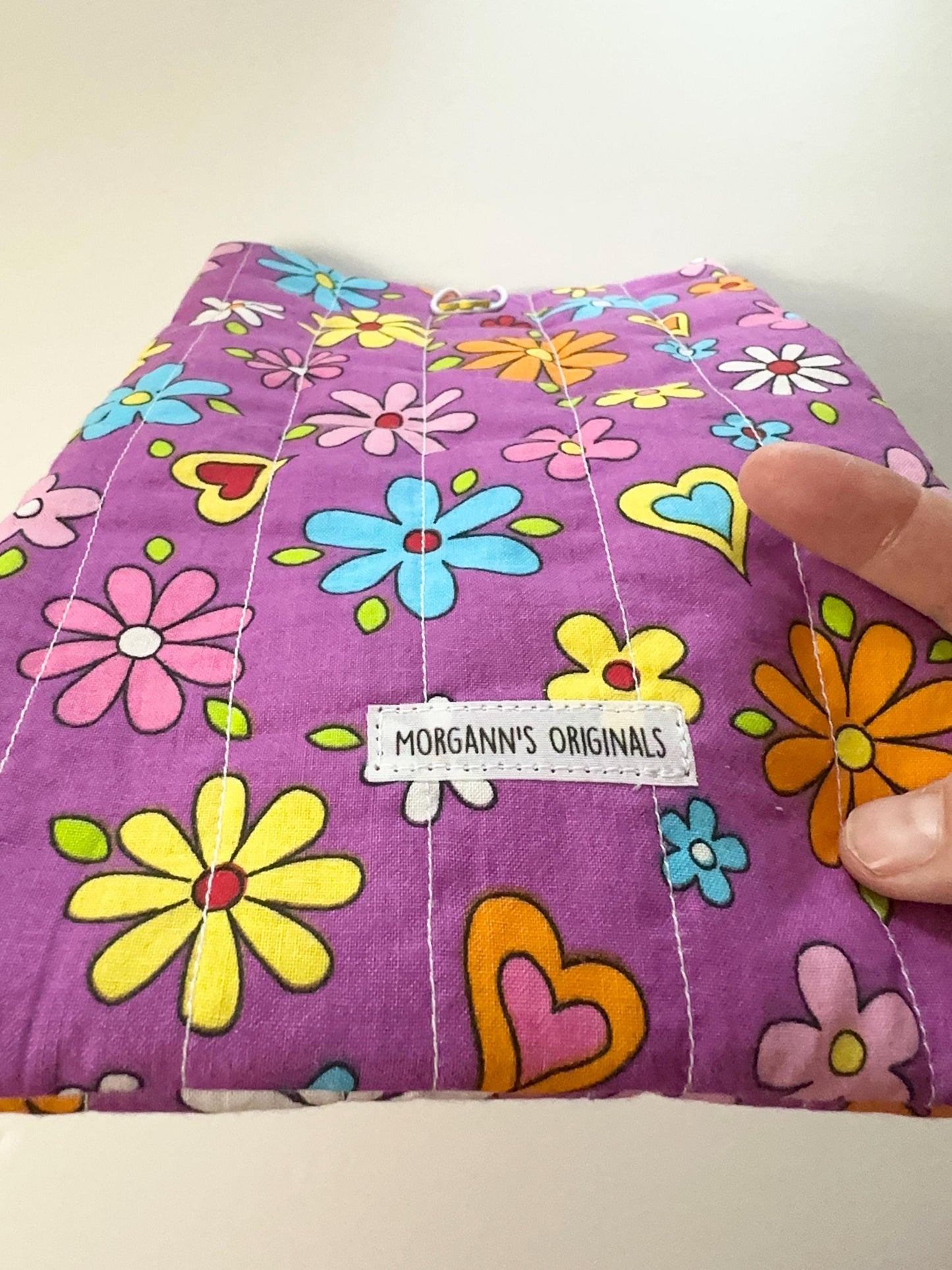 Retro Purple Floral and Hearts Book Sleeve 6x9 Quilted Mini Pouch Travel Organizer Journal Case Devotional Holder Handmade Gift