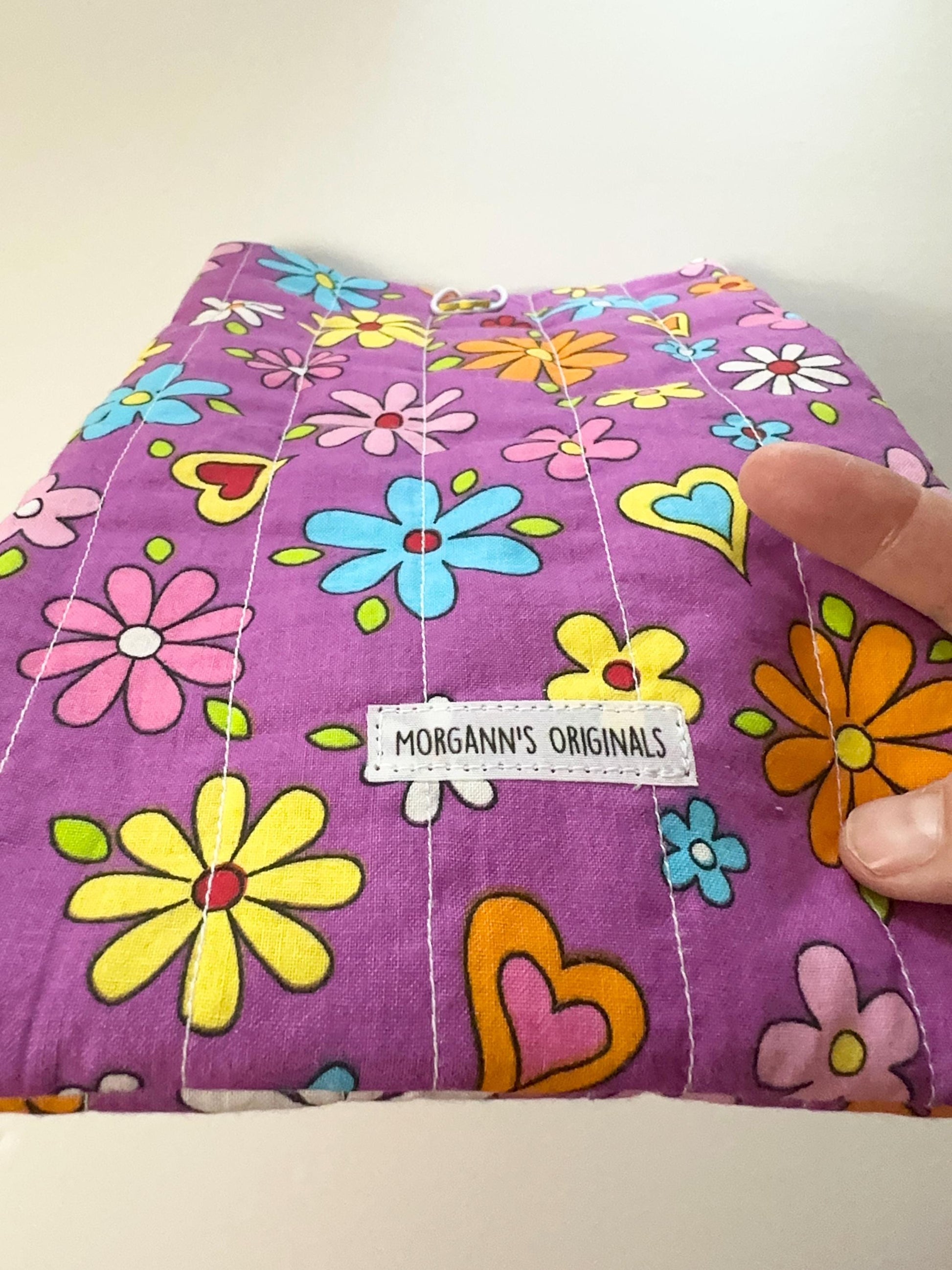 Retro Purple Floral and Hearts Book Sleeve 6x9 Quilted Mini Pouch Travel Organizer Journal Case Devotional Holder Handmade Gift