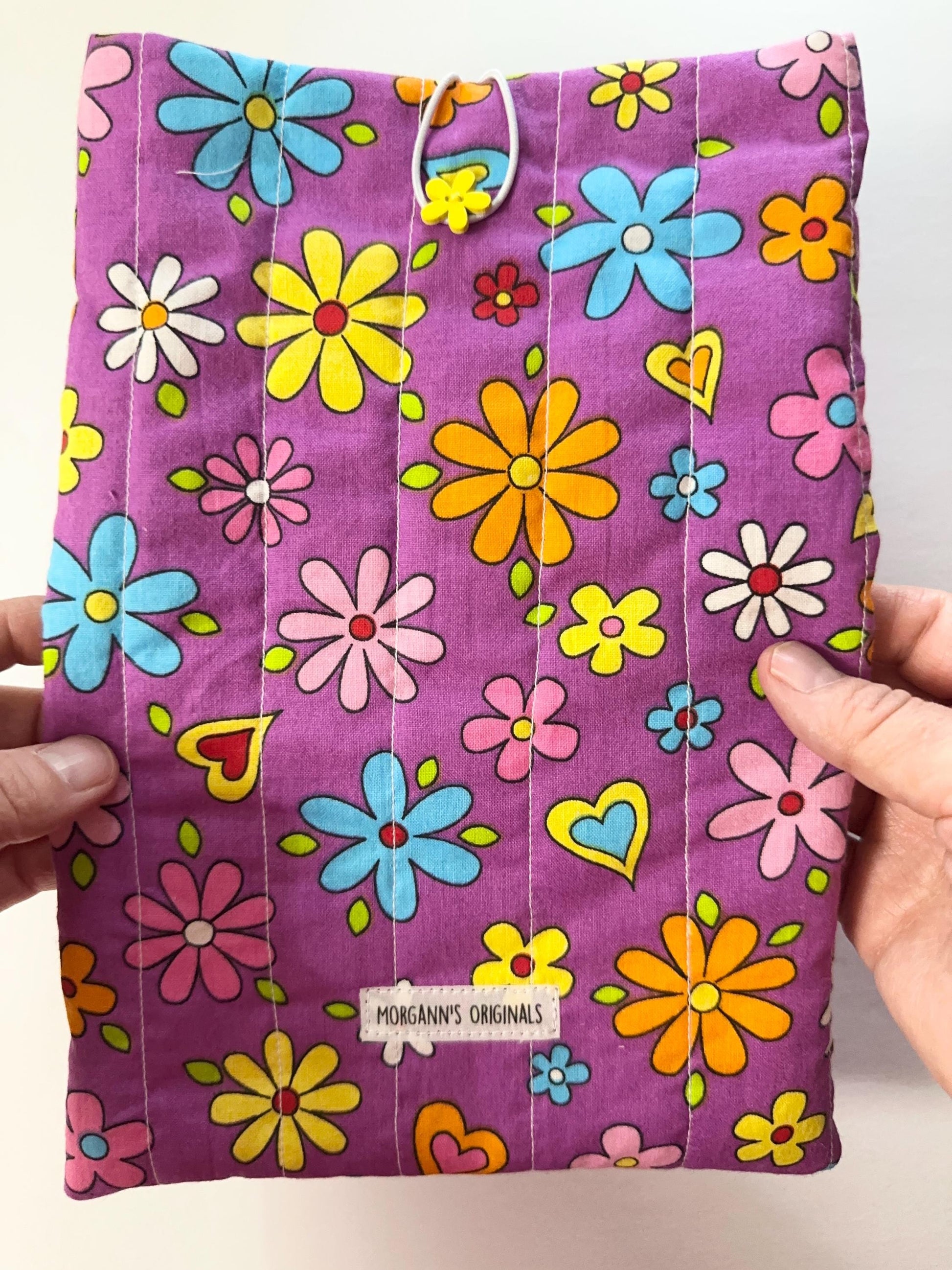 Retro Purple Floral and Hearts Book Sleeve 6x9 Quilted Mini Pouch Travel Organizer Journal Case Devotional Holder Handmade Gift