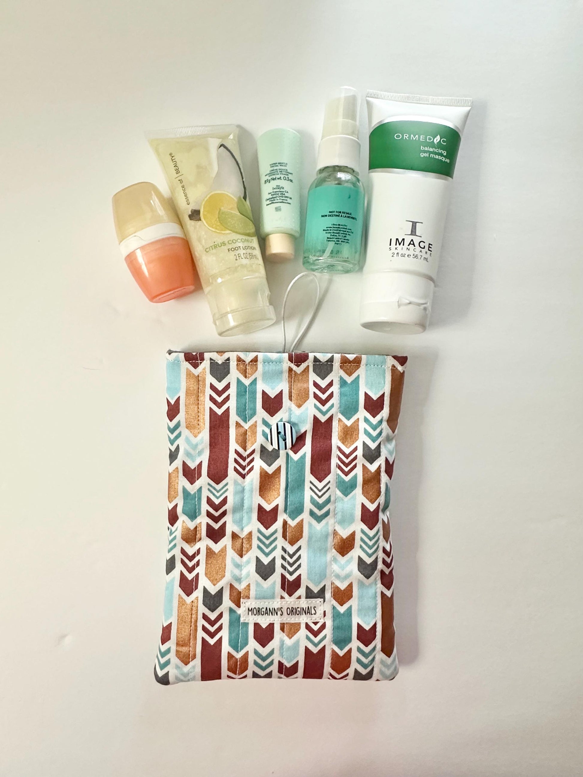 Mini Book Sleeve 5x7 Quilted Travel Pouch – Boho Tribal Teal Gray Gold Brown Organizer – Elastic Button Closure Small Cosmetic Bag