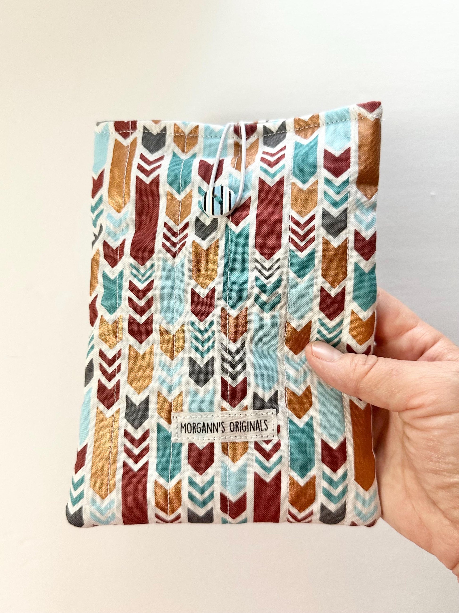 Mini Book Sleeve 5x7 Quilted Travel Pouch – Boho Tribal Teal Gray Gold Brown Organizer – Elastic Button Closure Small Cosmetic Bag