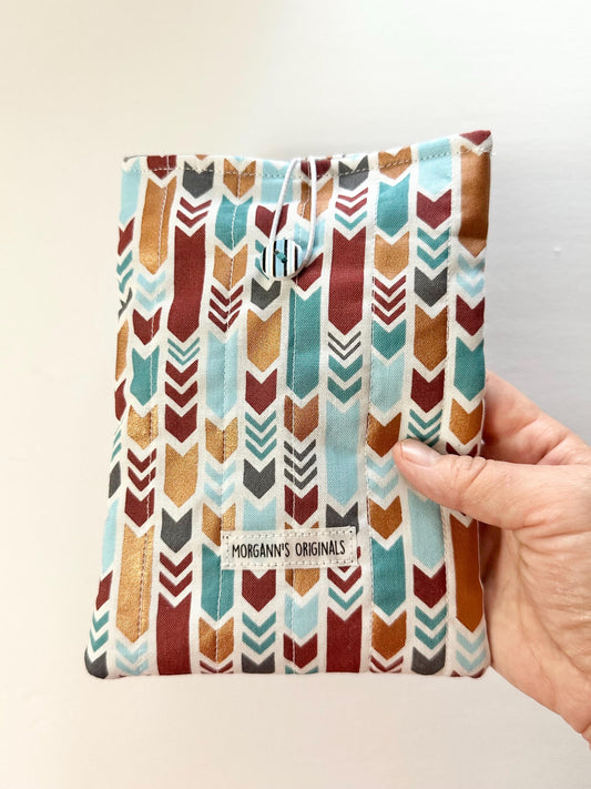 Mini Book Sleeve 5x7 Quilted Travel Pouch – Boho Tribal Teal Gray Gold Brown Organizer – Elastic Button Closure Small Cosmetic Bag