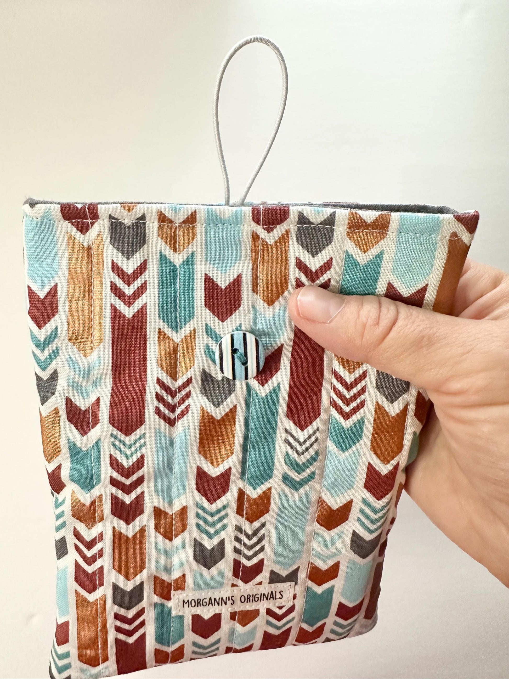 Mini Book Sleeve 5x7 Quilted Travel Pouch – Boho Tribal Teal Gray Gold Brown Organizer – Elastic Button Closure Small Cosmetic Bag