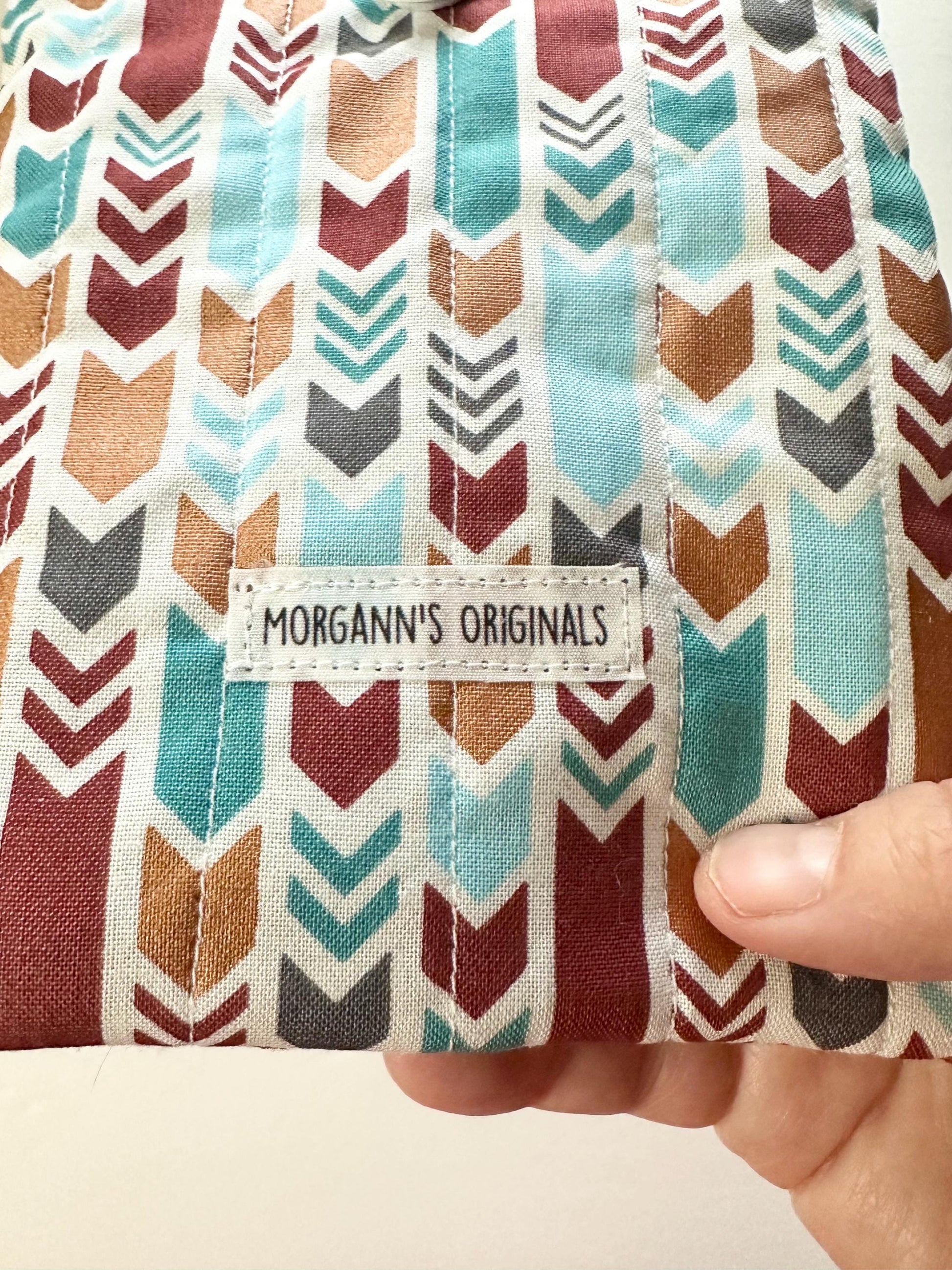 Mini Book Sleeve 5x7 Quilted Travel Pouch – Boho Tribal Teal Gray Gold Brown Organizer – Elastic Button Closure Small Cosmetic Bag