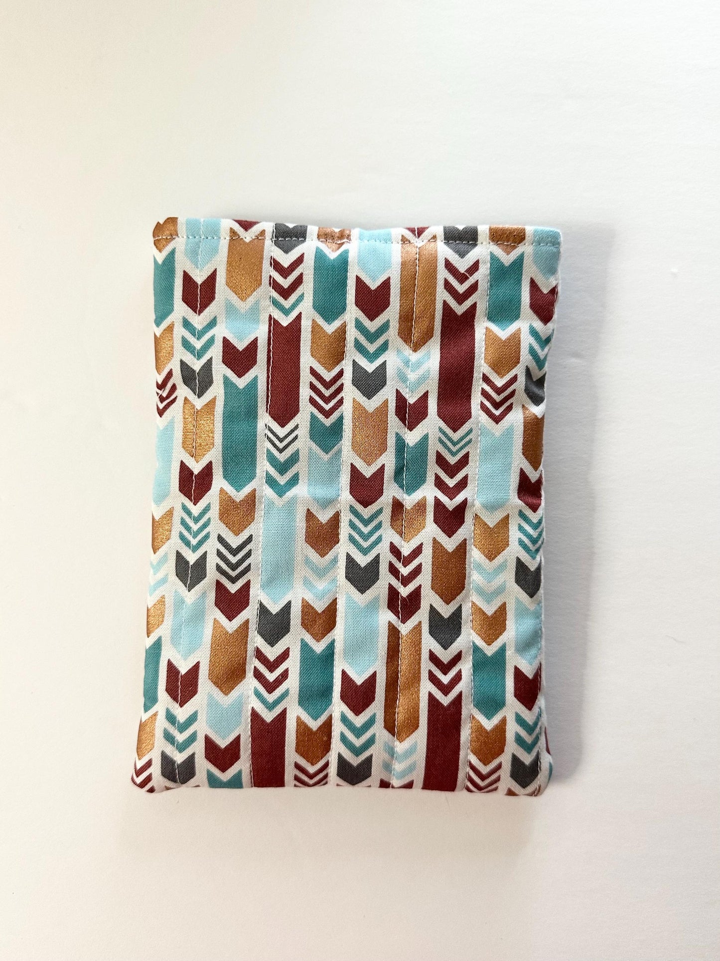 Mini Book Sleeve 5x7 Quilted Travel Pouch – Boho Tribal Teal Gray Gold Brown Organizer – Elastic Button Closure Small Cosmetic Bag