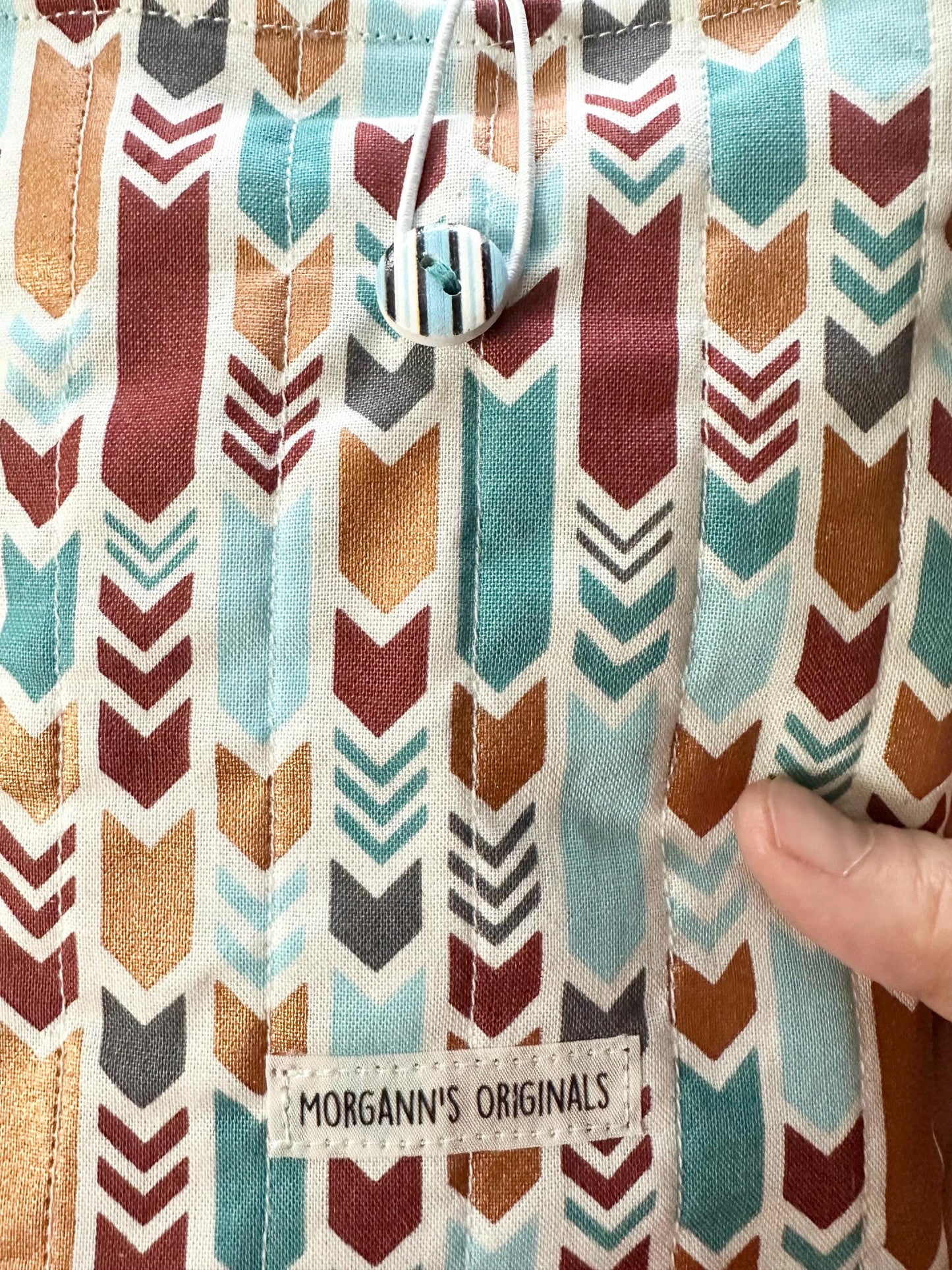 Mini Book Sleeve 5x7 Quilted Travel Pouch – Boho Tribal Teal Gray Gold Brown Organizer – Elastic Button Closure Small Cosmetic Bag