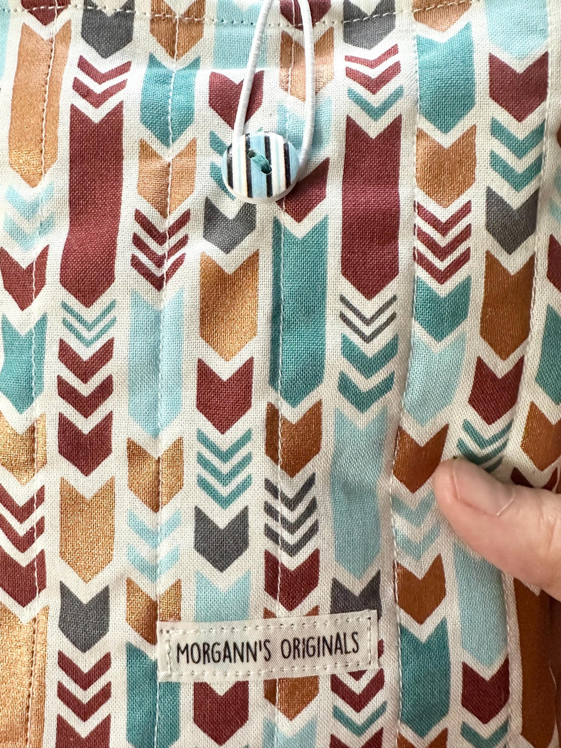 Mini Book Sleeve 5x7 Quilted Travel Pouch – Boho Tribal Teal Gray Gold Brown Organizer – Elastic Button Closure Small Cosmetic Bag