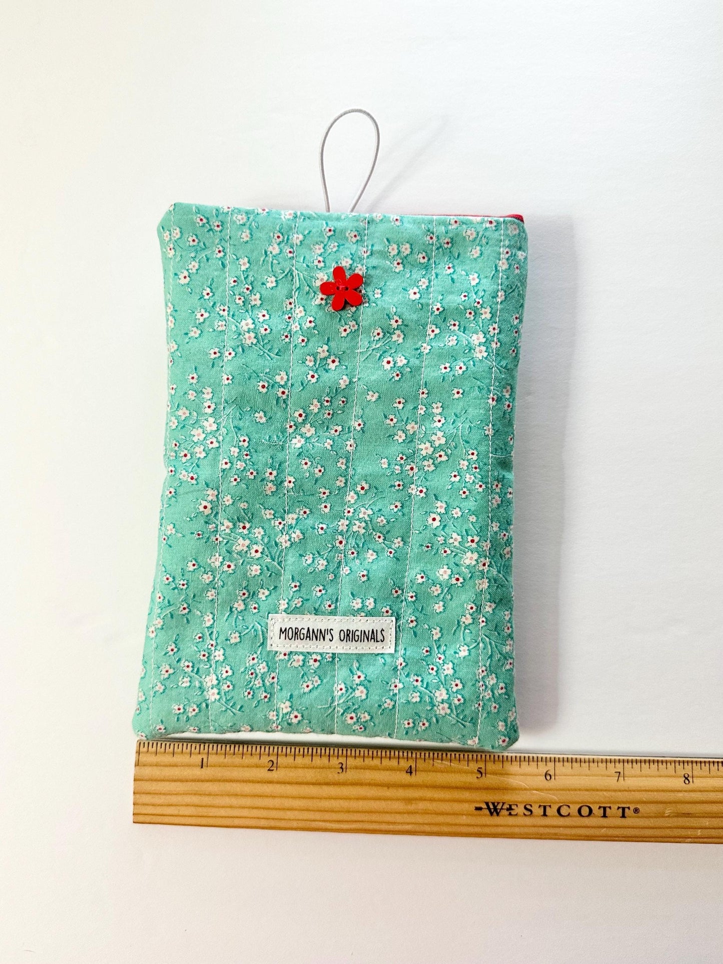Teal Floral Mini Book Sleeve 5x7 – Quilted Spring Travel Pouch with Red Button Closure, Small Journal Cover, Devotional Case, Handmade Gift