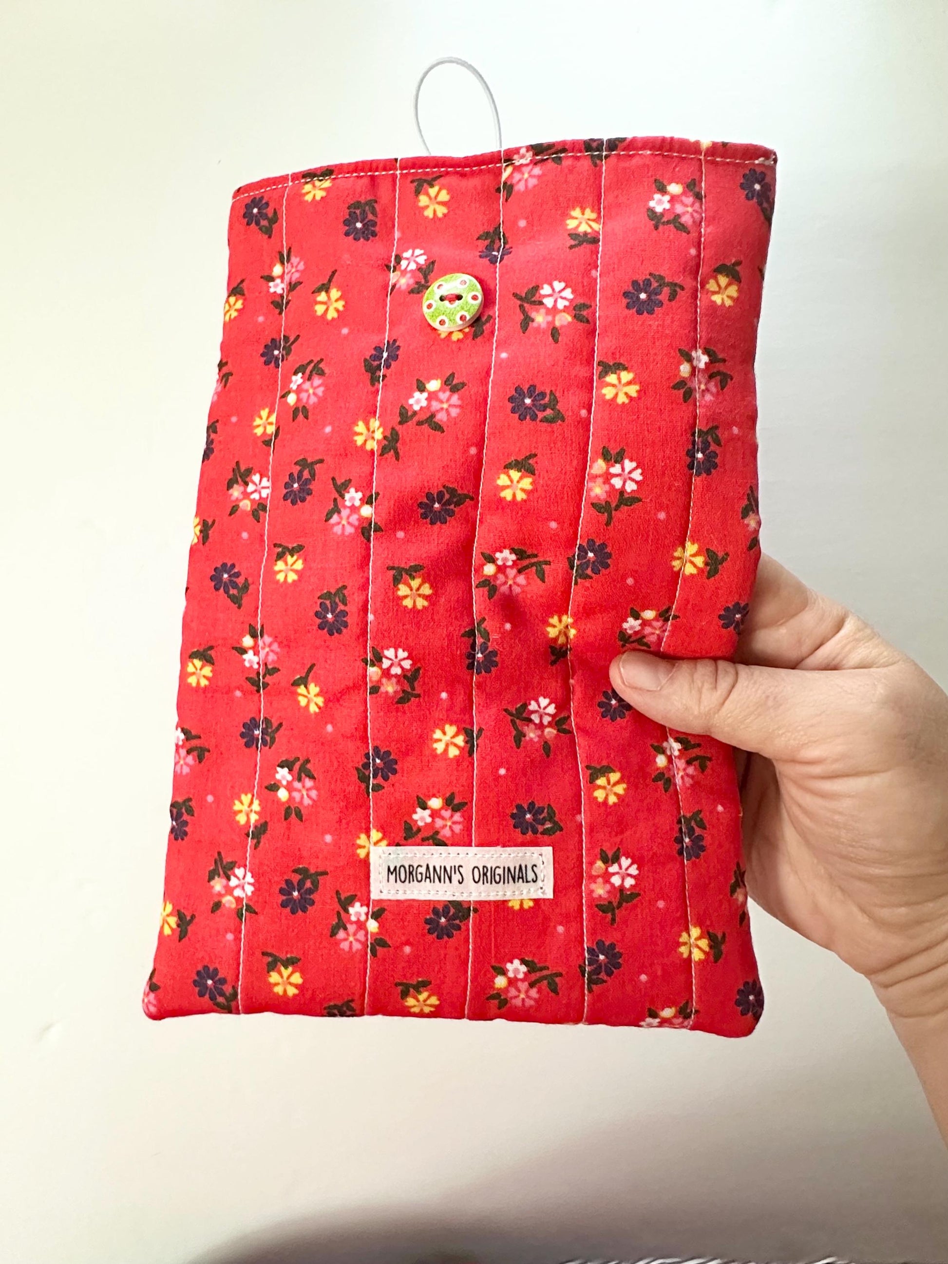 6x9 Handmade Floral Book Sleeve – Quilted Pouch, Reddish Orange, Green With Polkadots Button Elastic Closure, Journal or Devotional Case