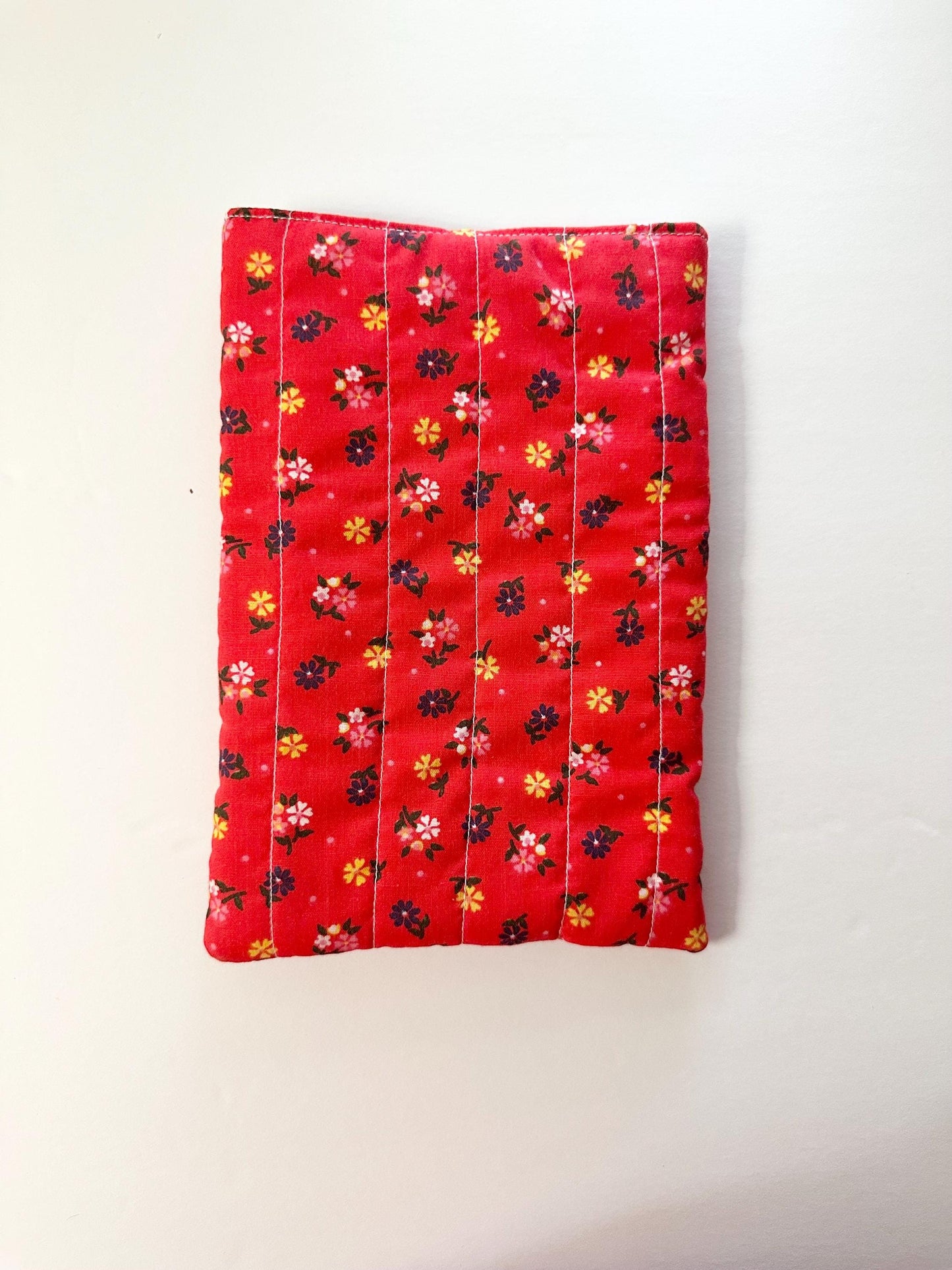 6x9 Handmade Floral Book Sleeve – Quilted Pouch, Reddish Orange, Green With Polkadots Button Elastic Closure, Journal or Devotional Case