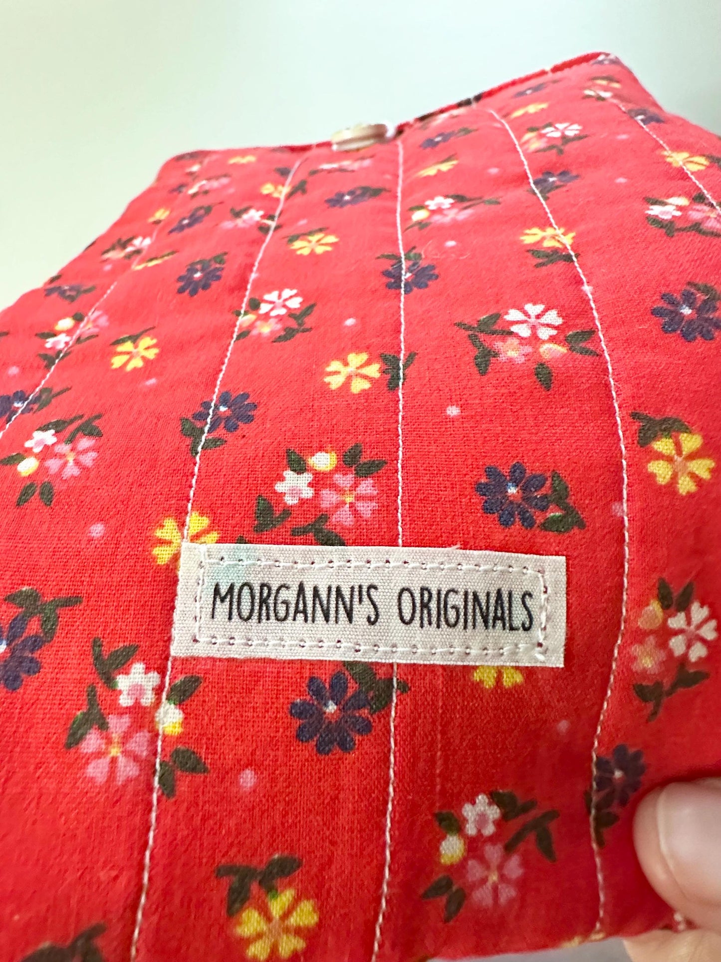 6x9 Handmade Floral Book Sleeve – Quilted Pouch, Reddish Orange, Green With Polkadots Button Elastic Closure, Journal or Devotional Case