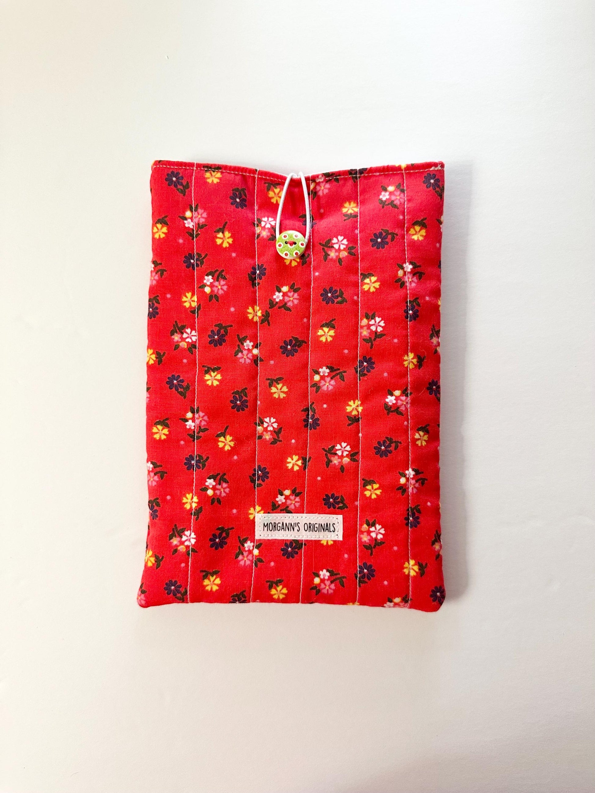 6x9 Handmade Floral Book Sleeve – Quilted Pouch, Reddish Orange, Green With Polkadots Button Elastic Closure, Journal or Devotional Case