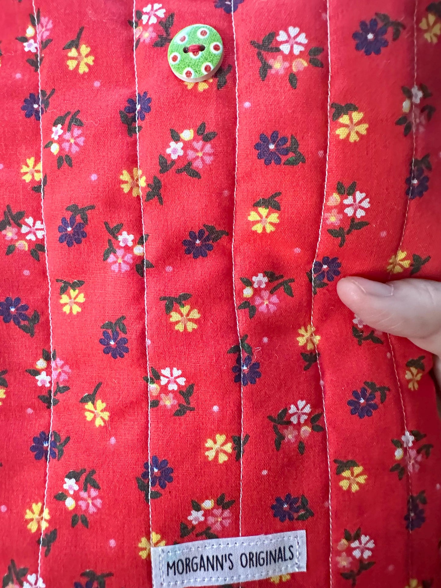 6x9 Handmade Floral Book Sleeve – Quilted Pouch, Reddish Orange, Green With Polkadots Button Elastic Closure, Journal or Devotional Case