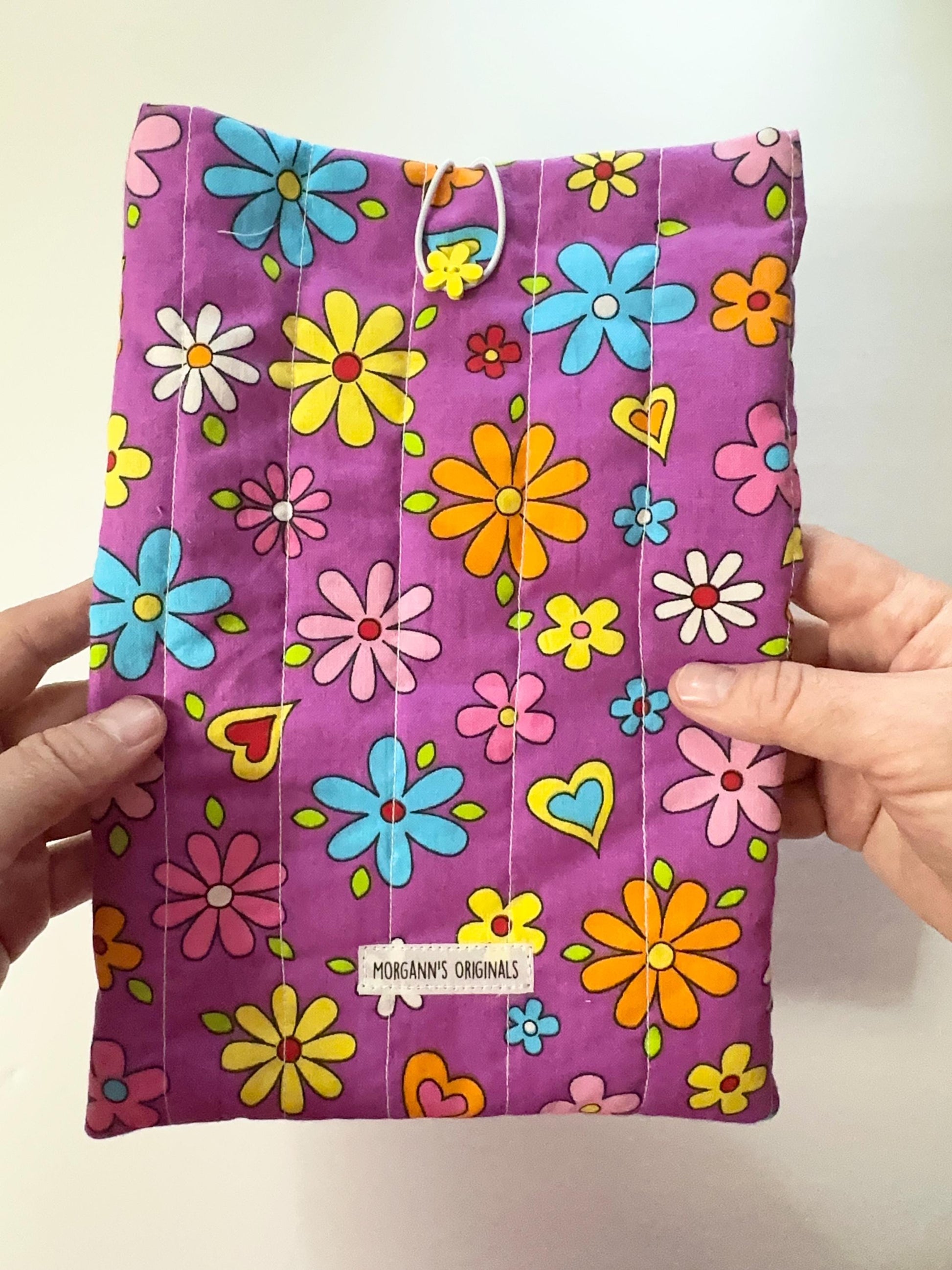 Retro Purple Floral and Hearts Book Sleeve 6x9 Quilted Mini Pouch Travel Organizer Journal Case Devotional Holder Handmade Gift