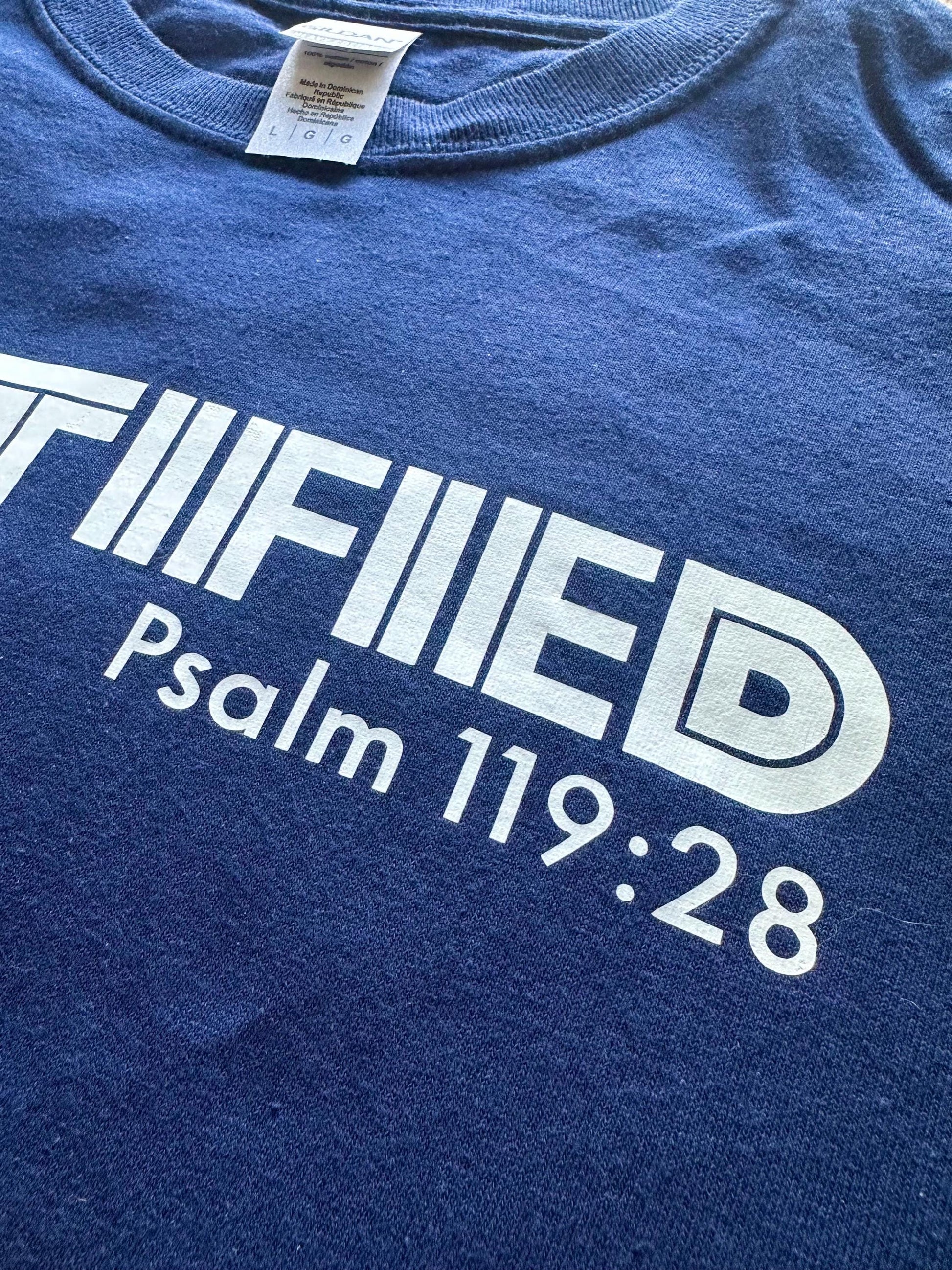 Large Navy Blue Christian T-Shirt – Faith Based Graphic Tee, Jesus Scripture Shirt for Men & Women, Fortified Line