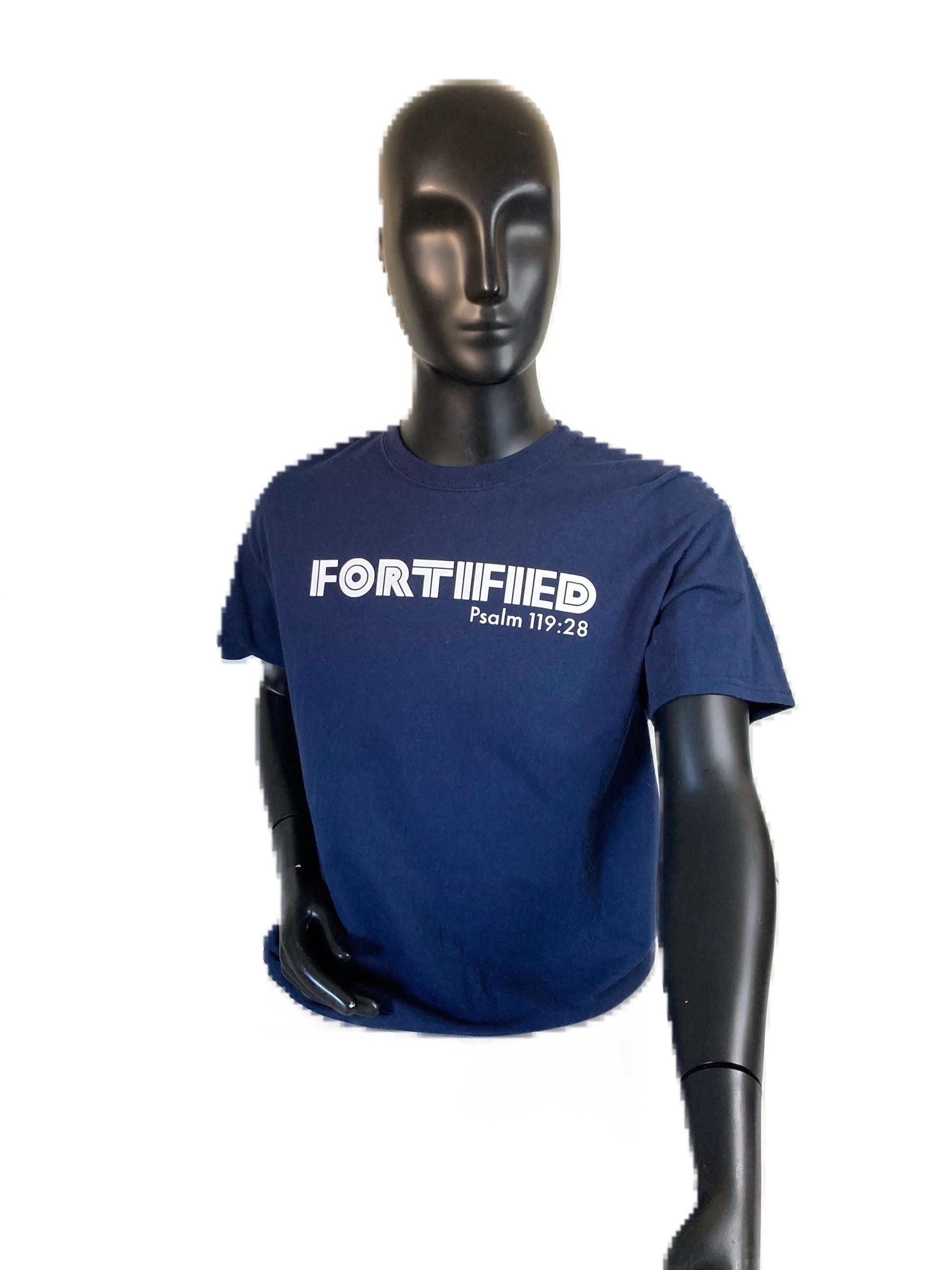Large Navy Blue Christian T-Shirt – Faith Based Graphic Tee, Jesus Scripture Shirt for Men & Women, Fortified Line