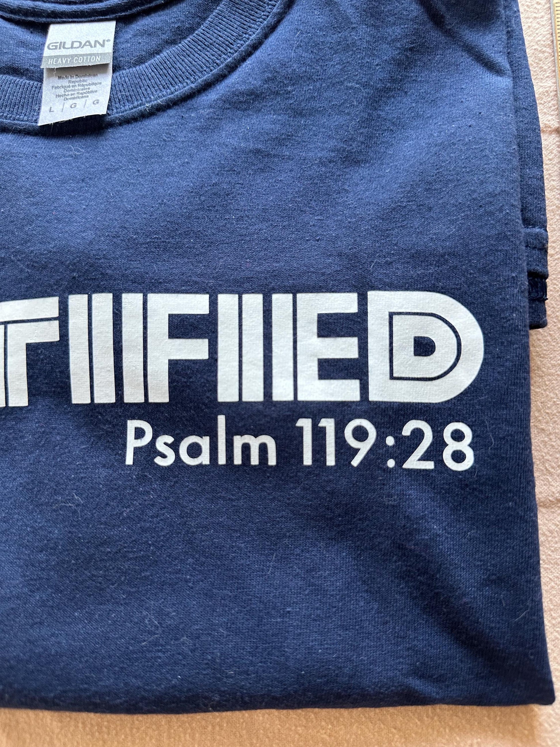 Large Navy Blue Christian T-Shirt – Faith Based Graphic Tee, Jesus Scripture Shirt for Men & Women, Fortified Line