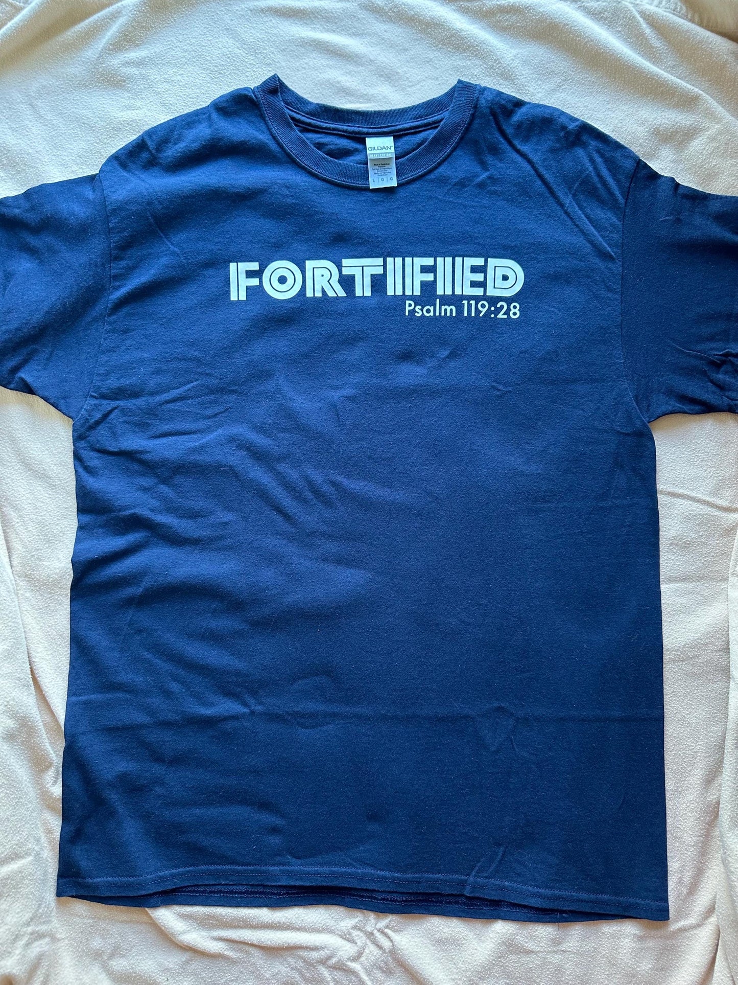Large Navy Blue Christian T-Shirt – Faith Based Graphic Tee, Jesus Scripture Shirt for Men & Women, Fortified Line