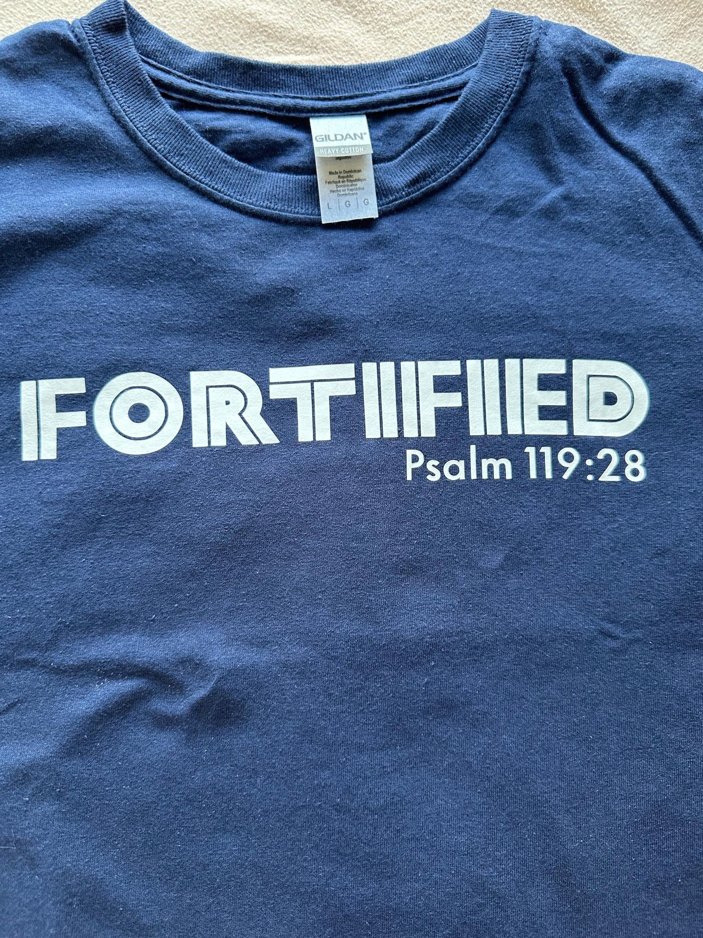 Large Navy Blue Christian T-Shirt – Faith Based Graphic Tee, Jesus Scripture Shirt for Men & Women, Fortified Line